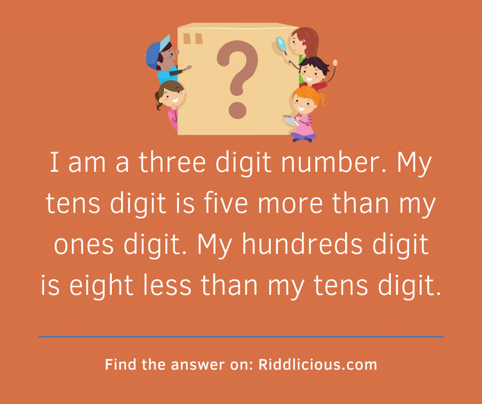 Riddle: I am a three digit number. My tens digit is five more than my ones digit. My hundreds digit is eight less than my tens digit.