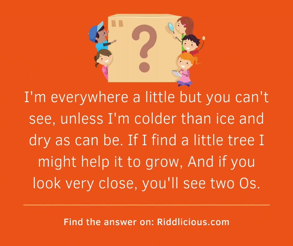 Riddle: I'm everywhere a little but you can't see, unless I'm colder than ice and dry as can be. If I find a little tree I might help it to grow, And if you look very close, you'll see two Os.