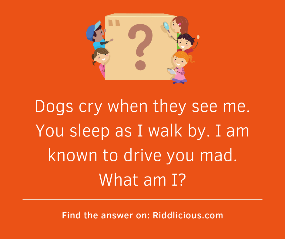 Riddle: Dogs cry when they see me. You sleep as I walk by. I am known to drive you mad. What am I?